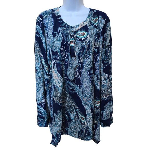 Simply Emma Womens Paisley Long Sleeve Tunic Top 2X Navy & Teal Polyester - Picture 1 of 7